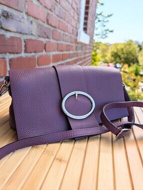 TJ Collection Made in Italy Purple Pebbled Leather Crossbody Clutch Bag
